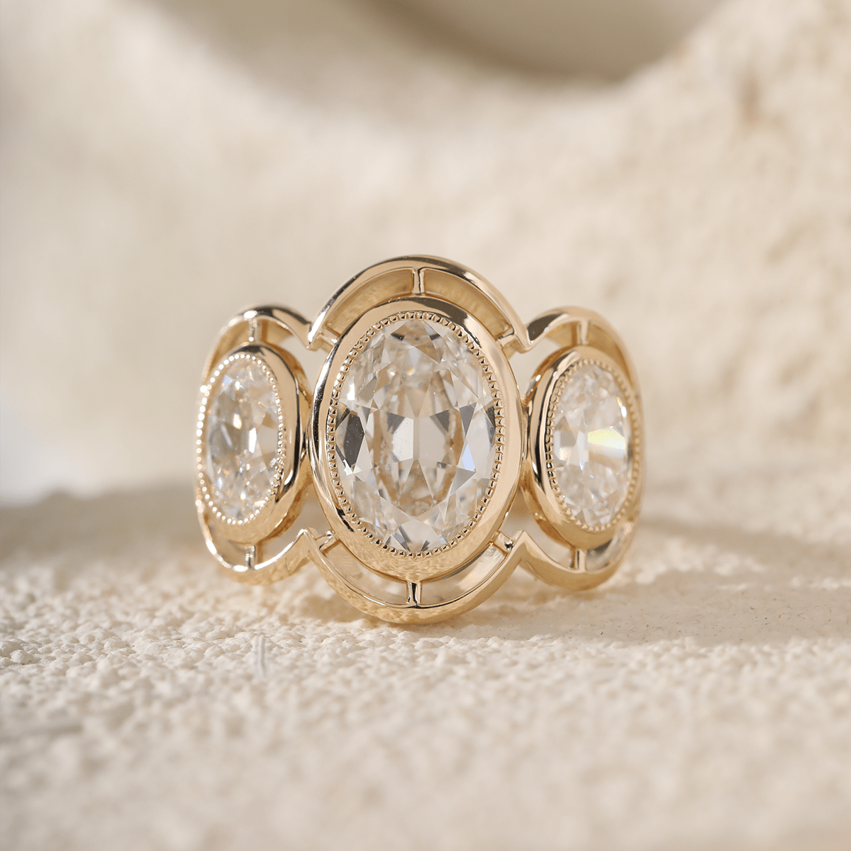 14K Yellow Gold 3ct Oval Old Mine Cut Lab Diamond Victoran - Style Millegrain Bezel Three Stone Ring - MMR