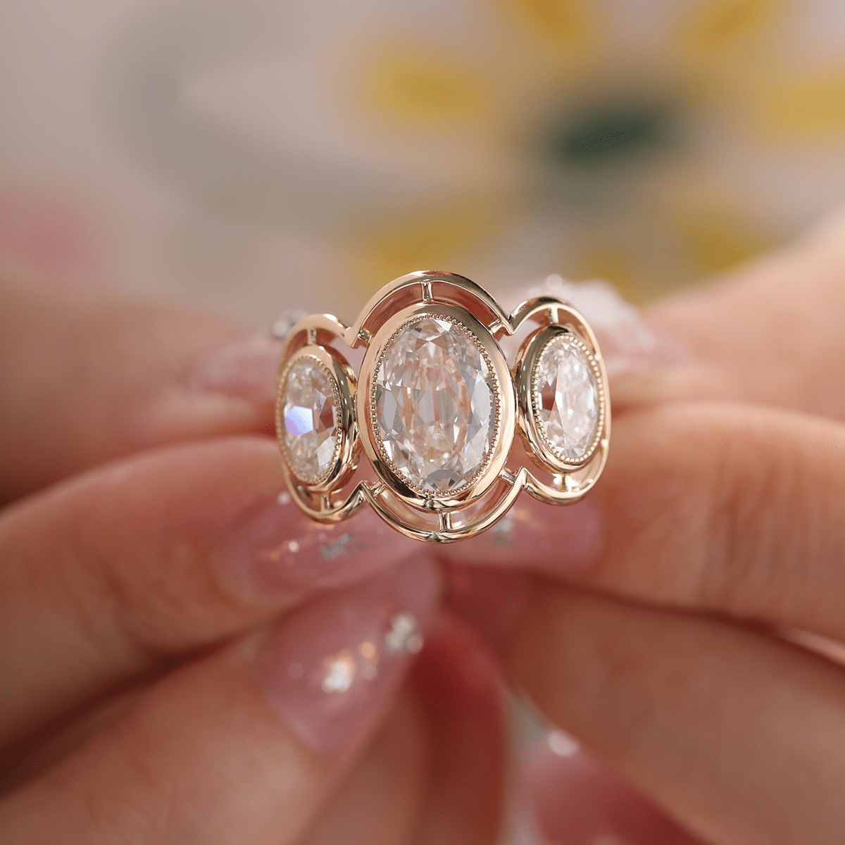 14K Yellow Gold 3ct Oval Old Mine Cut Lab Diamond Victoran - Style Millegrain Bezel Three Stone Ring - MMR