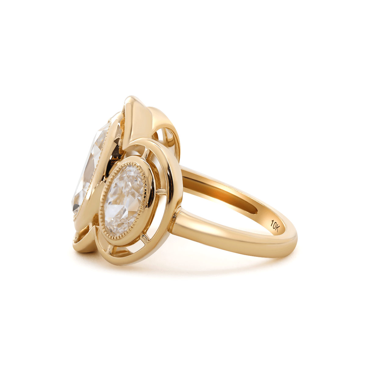 14K Yellow Gold 3ct Oval Old Mine Cut Lab Diamond Victoran - Style Millegrain Bezel Three Stone Ring - MMR