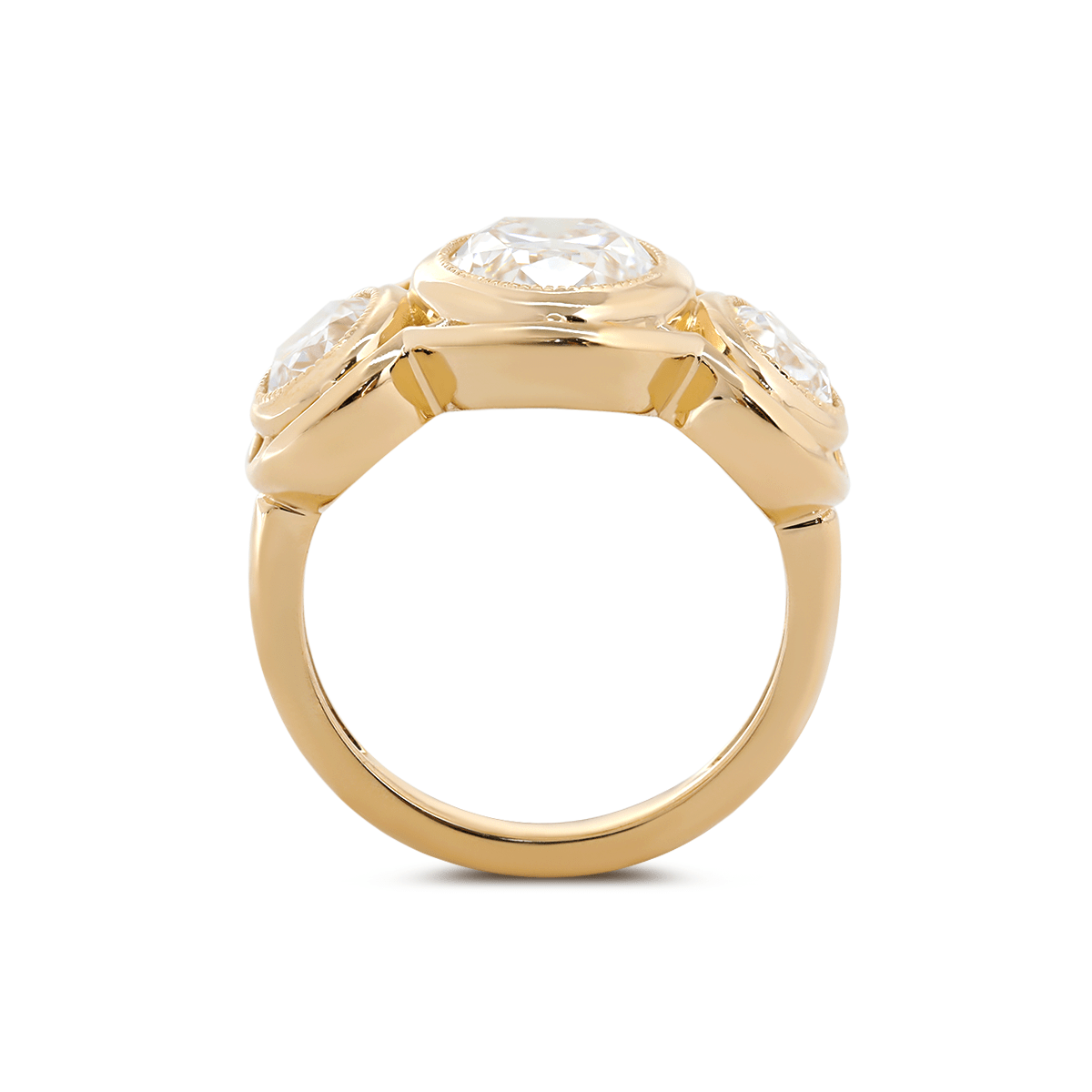 14K Yellow Gold 3ct Oval Old Mine Cut Lab Diamond Victoran - Style Millegrain Bezel Three Stone Ring - MMR