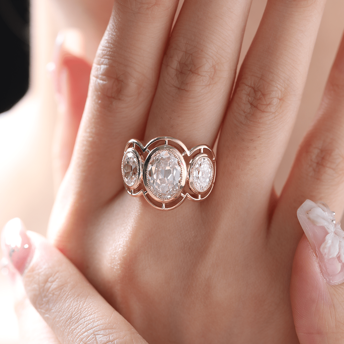 14K Yellow Gold 3ct Oval Old Mine Cut Lab Diamond Victoran - Style Millegrain Bezel Three Stone Ring - MMR