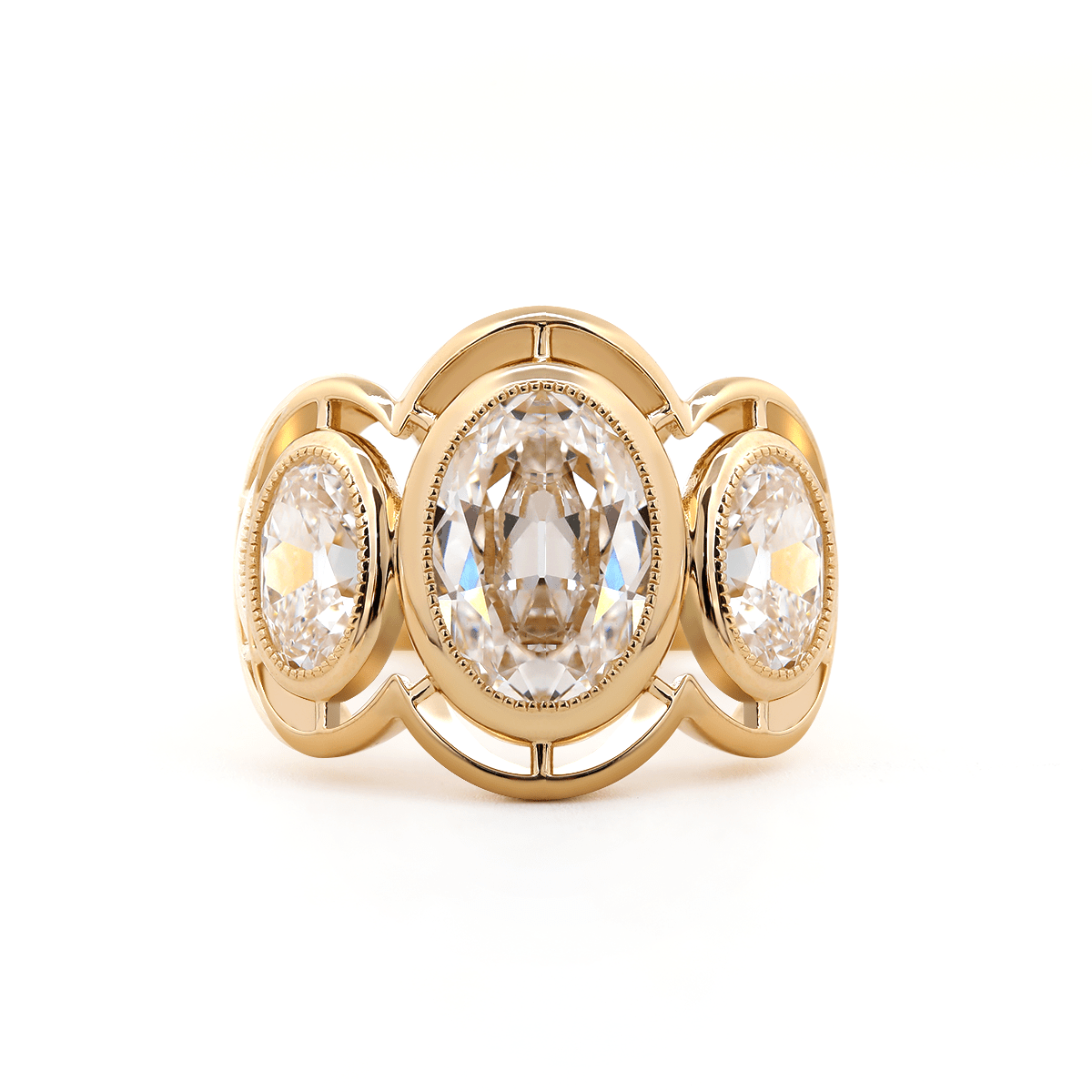 14K Yellow Gold 3ct Oval Old Mine Cut Lab Diamond Victoran - Style Millegrain Bezel Three Stone Ring - MMR