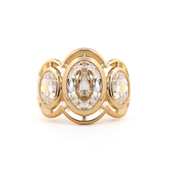 14K Yellow Gold 3ct Oval Old Mine Cut Lab Diamond Victoran - Style Millegrain Bezel Three Stone Ring - MMR