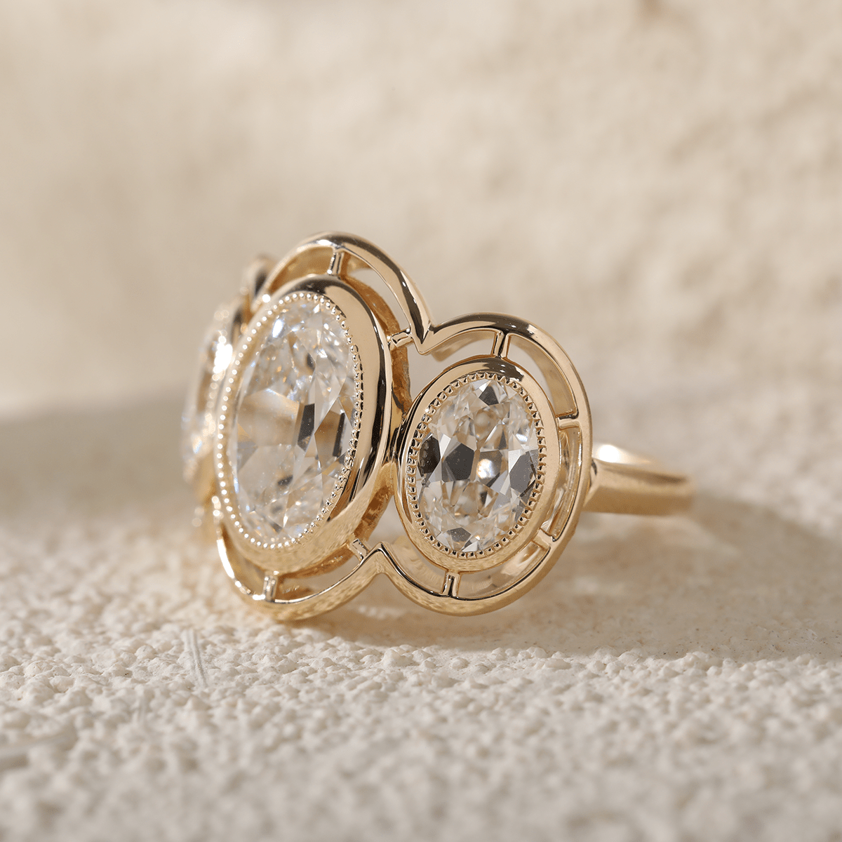 14K Yellow Gold 3ct Oval Old Mine Cut Lab Diamond Victoran - Style Millegrain Bezel Three Stone Ring - MMR