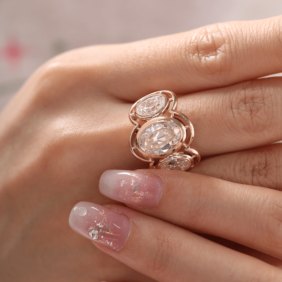 14K Yellow Gold 3ct Oval Old Mine Cut Lab Diamond Victoran - Style Millegrain Bezel Three Stone Ring - MMR