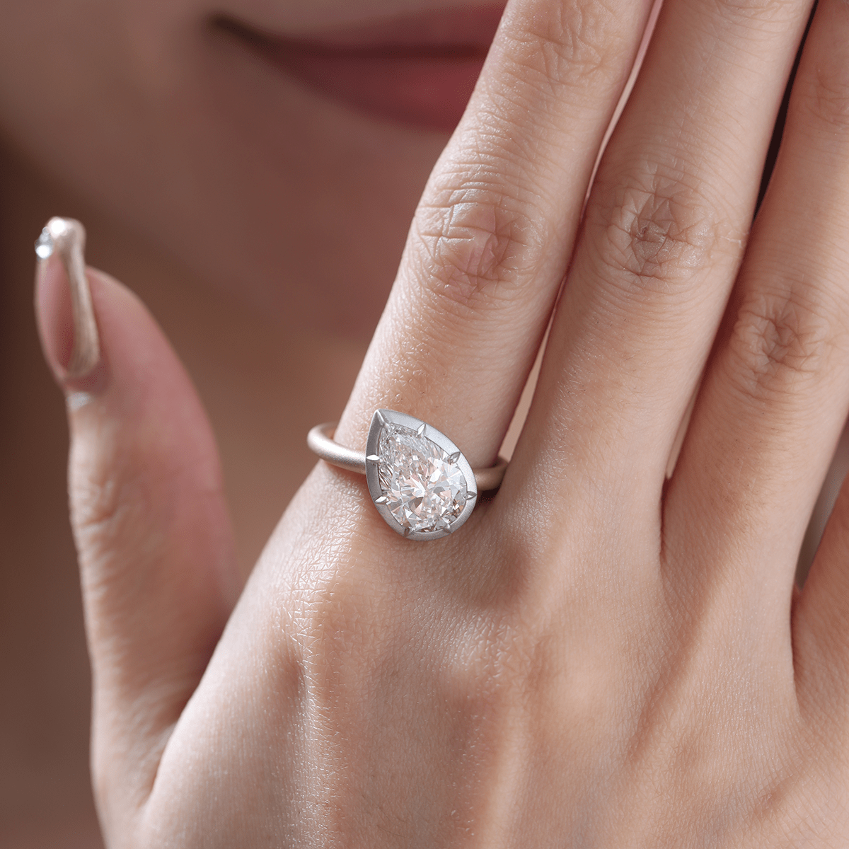 14K Yellow Gold 3ct Pear Shaped Lab Diamond Matte Ring with White Gold Bezel - MMR