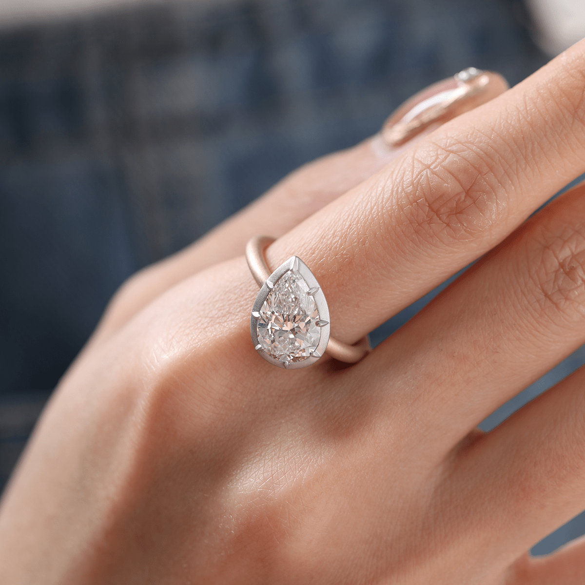 14K Yellow Gold 3ct Pear Shaped Lab Diamond Matte Ring with White Gold Bezel - MMR