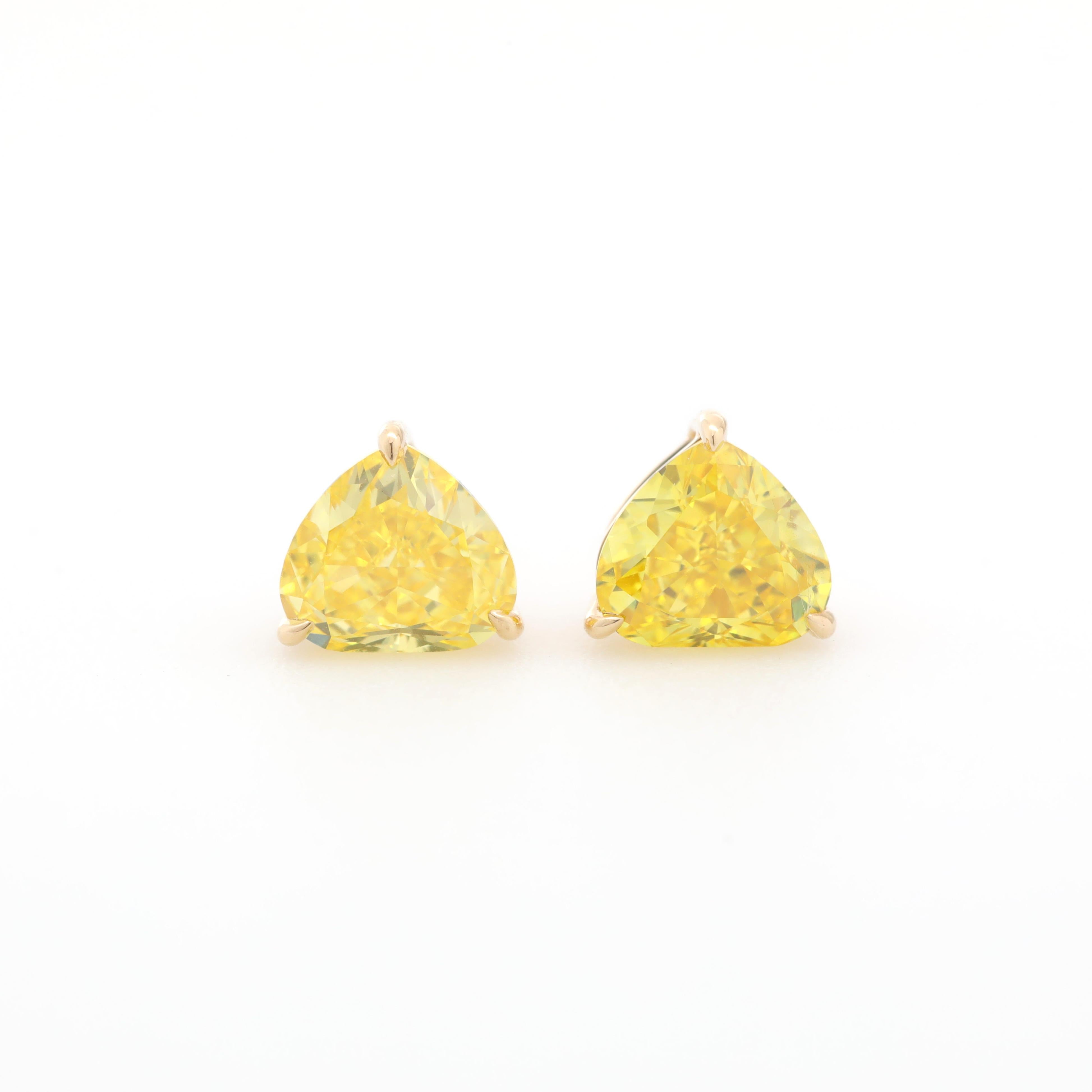 14K Yellow Gold 3ct tw Heart Shape Yellow Lab Diamond Three Prong Basket Stud Earrings with Push Backs - MMR