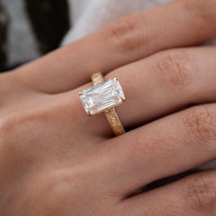 14K Yellow Gold 4.53CT Criss - Cut Lab Diamond 4 - Prong Solitaire Ring with Hand Engraved Motif Band - MMR