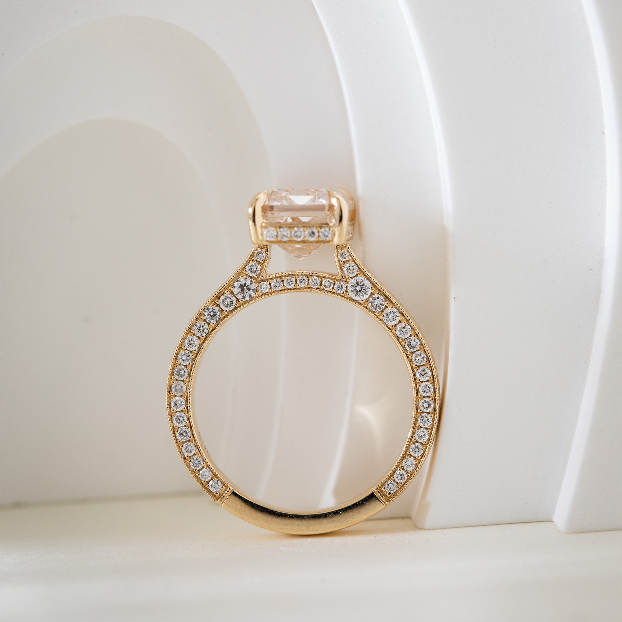 14K Yellow Gold 4.53CT Criss - Cut Lab Diamond 4 - Prong Solitaire Ring with Hand Engraved Motif Band - MMR