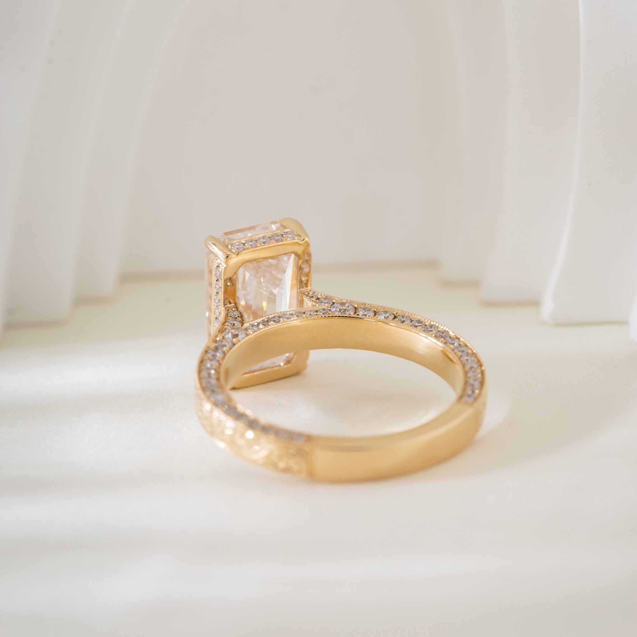 14K Yellow Gold 4.53CT Criss - Cut Lab Diamond 4 - Prong Solitaire Ring with Hand Engraved Motif Band - MMR