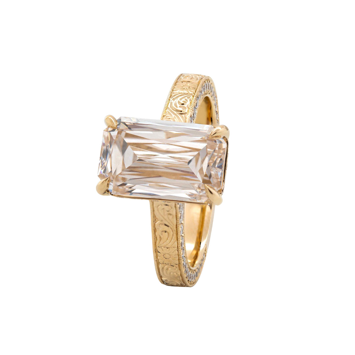 14K Yellow Gold 4.53CT Criss - Cut Lab Diamond 4 - Prong Solitaire Ring with Hand Engraved Motif Band - MMR