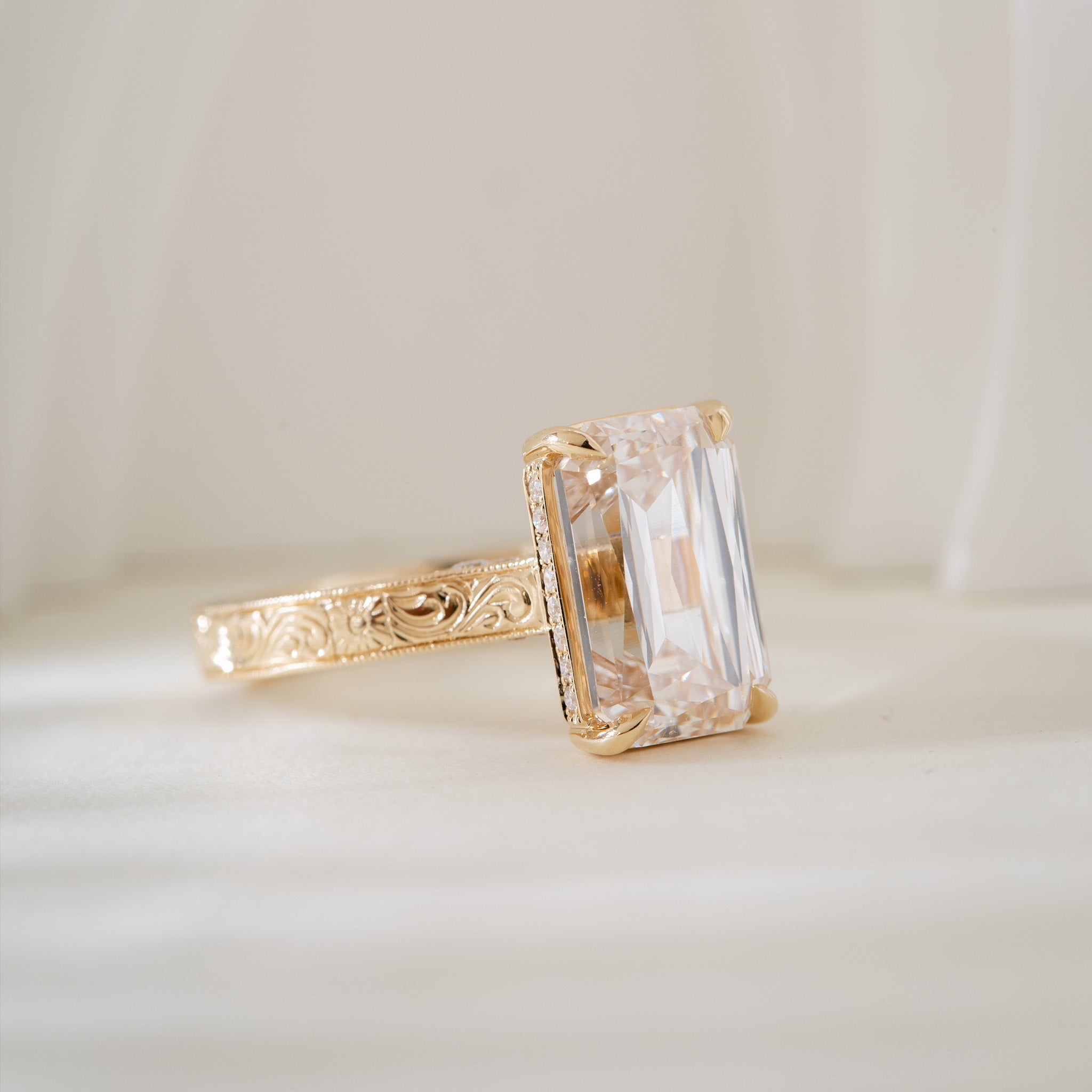 14K Yellow Gold 4.53CT Criss - Cut Lab Diamond 4 - Prong Solitaire Ring with Hand Engraved Motif Band - MMR