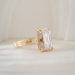 14K Yellow Gold 4.53CT Criss - Cut Lab Diamond 4 - Prong Solitaire Ring with Hand Engraved Motif Band - MMR
