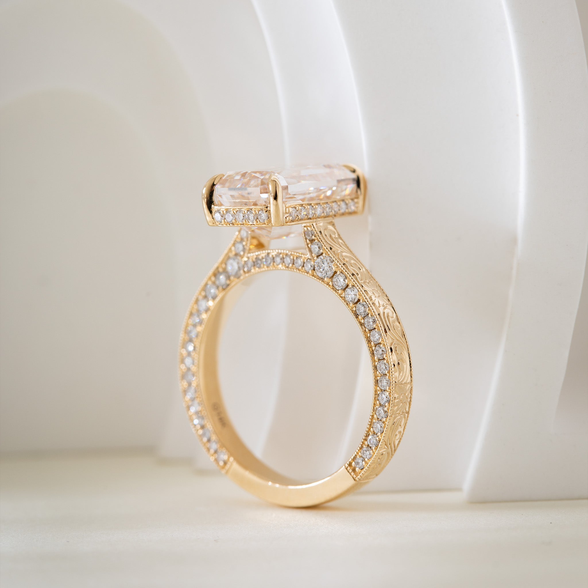 14K Yellow Gold 4.53CT Criss - Cut Lab Diamond 4 - Prong Solitaire Ring with Hand Engraved Motif Band - MMR