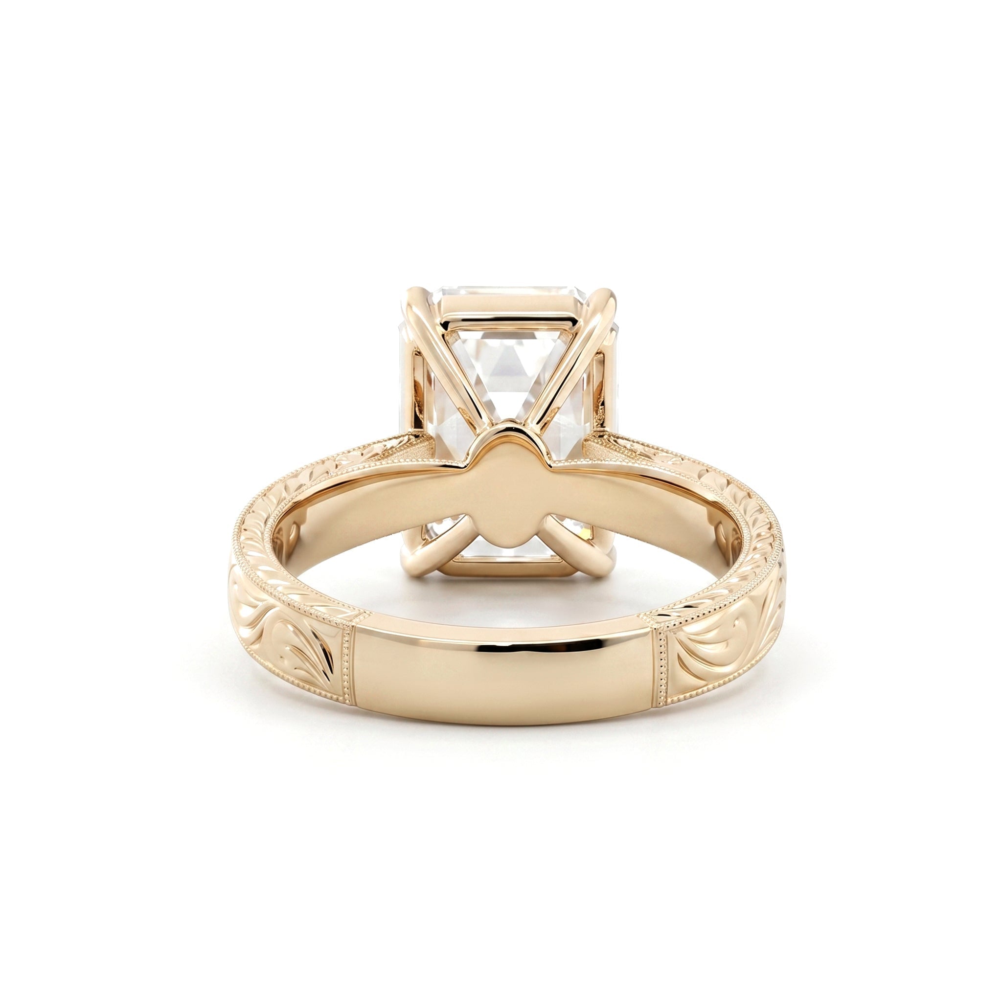 14K Yellow Gold 5.19CT Vintage Emerald - Cut Lab Diamond Hand - Engraved Ring with Taper Band - MMR