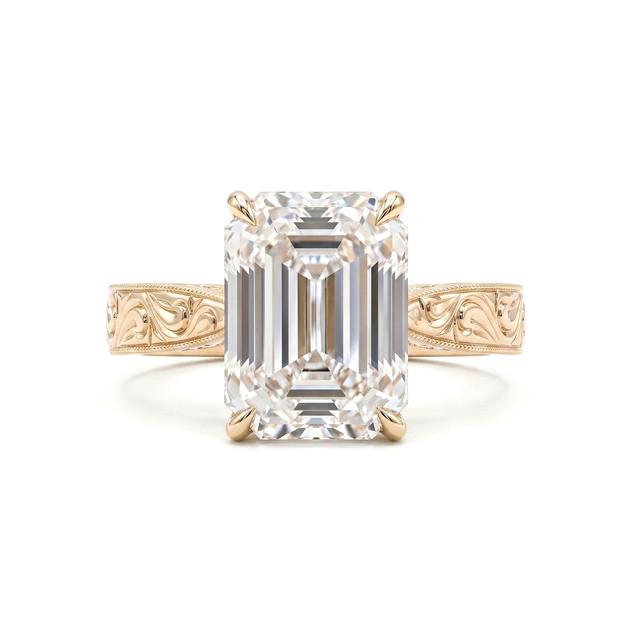 14K Yellow Gold 5.19CT Vintage Emerald - Cut Lab Diamond Hand - Engraved Ring with Taper Band - MMR