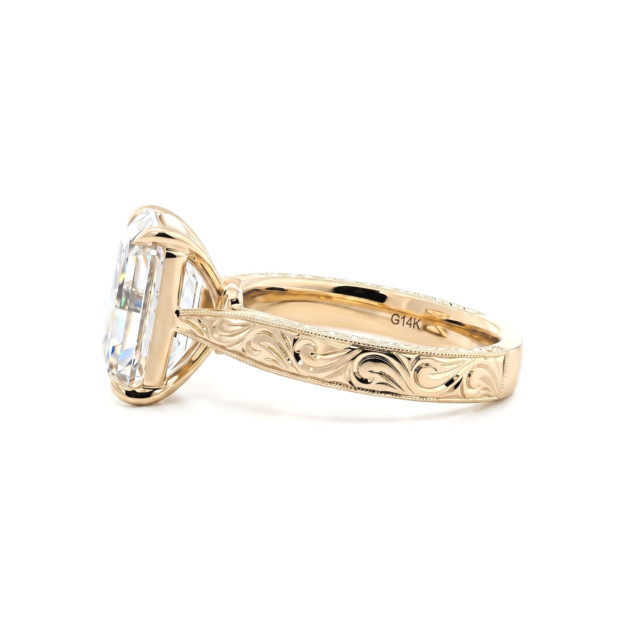14K Yellow Gold 5.19CT Vintage Emerald - Cut Lab Diamond Hand - Engraved Ring with Taper Band - MMR
