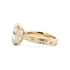 14K Yellow Gold 5.19CT Vintage Emerald - Cut Lab Diamond Hand - Engraved Ring with Taper Band - MMR