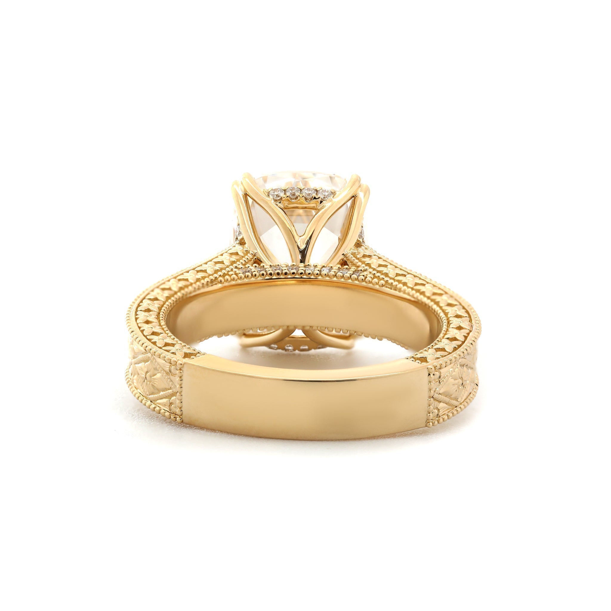 14K Yellow Gold 5.42CT Cushion Old Mine Cut Lab Diamond Vintage Hand - Engarved Wide Band Design Ring - MMR