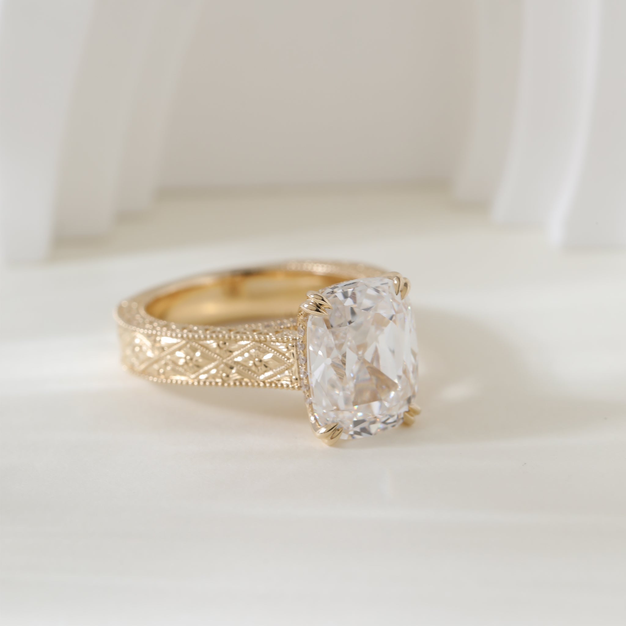 14K Yellow Gold 5.42CT Cushion Old Mine Cut Lab Diamond Vintage Hand - Engarved Wide Band Design Ring - MMR