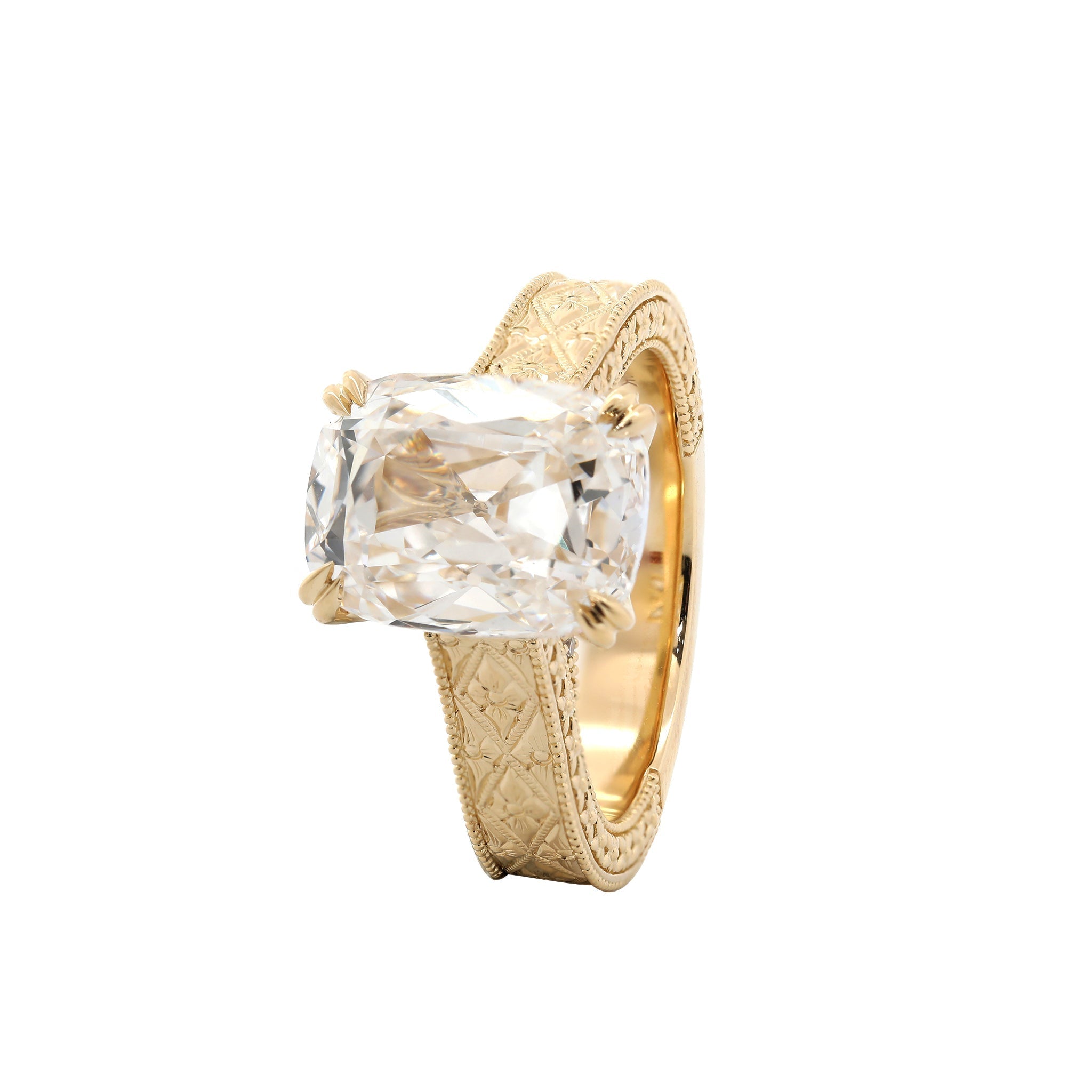 14K Yellow Gold 5.42CT Cushion Old Mine Cut Lab Diamond Vintage Hand - Engarved Wide Band Design Ring - MMR