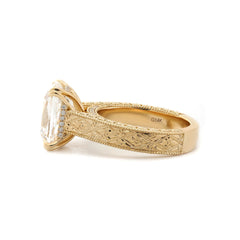 14K Yellow Gold 5.42CT Cushion Old Mine Cut Lab Diamond Vintage Hand - Engarved Wide Band Design Ring - MMR
