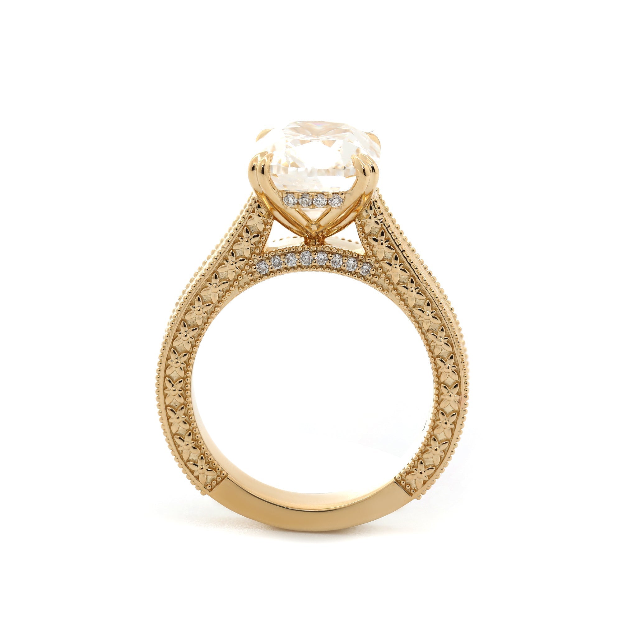 14K Yellow Gold 5.42CT Cushion Old Mine Cut Lab Diamond Vintage Hand - Engarved Wide Band Design Ring - MMR