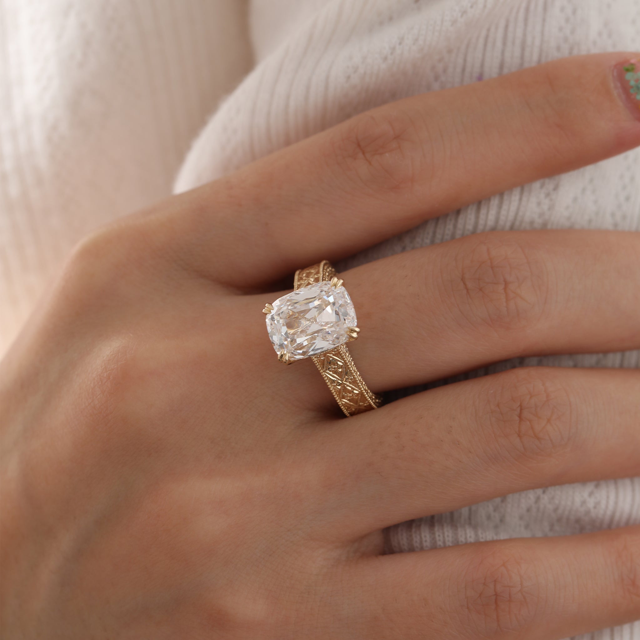 14K Yellow Gold 5.42CT Cushion Old Mine Cut Lab Diamond Vintage Hand - Engarved Wide Band Design Ring - MMR
