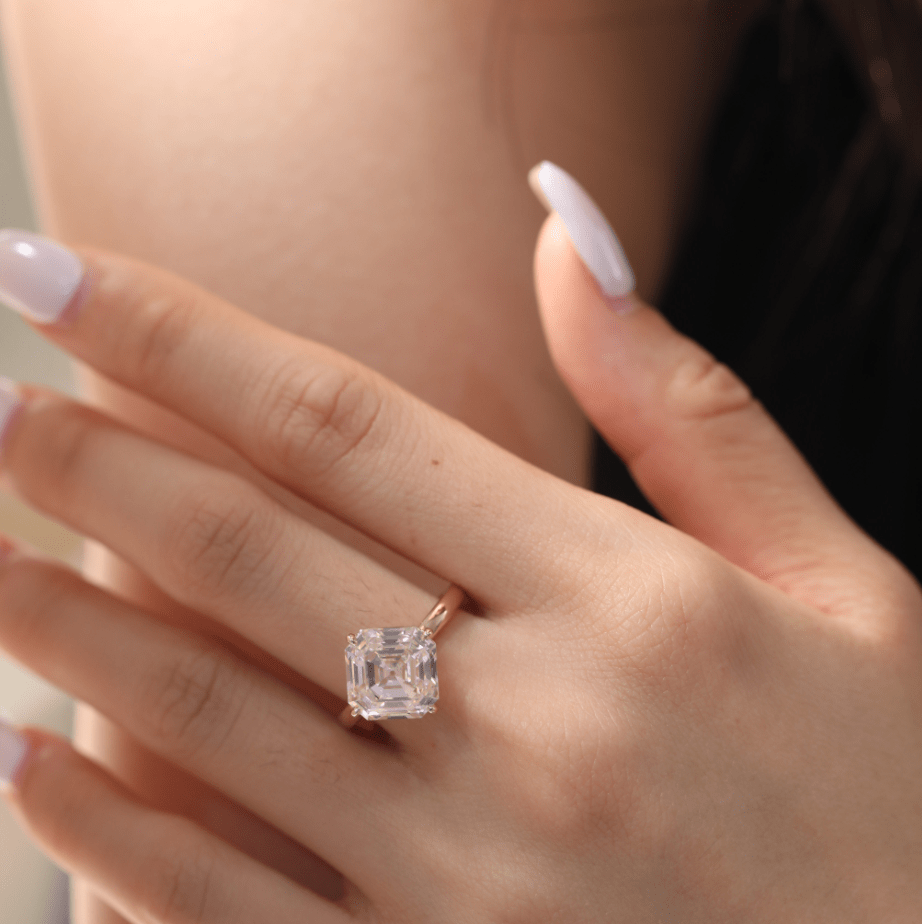 14K Yellow Gold 6ct Antique Asscher Cut Lab Diamond 4 Claw Prong Basket Solitaire Ring - MMR