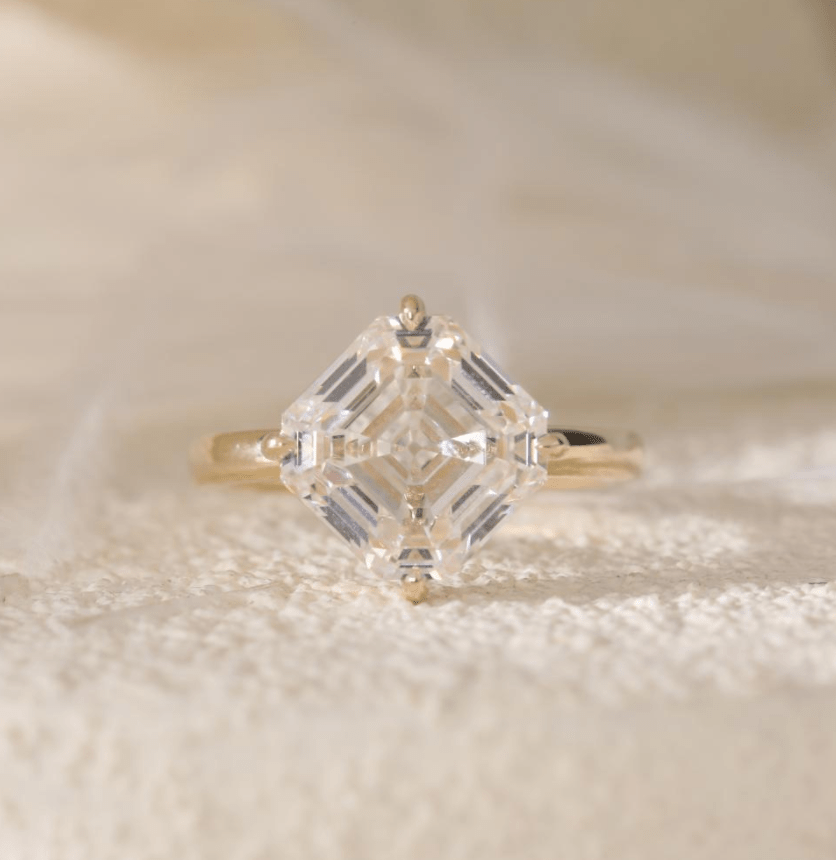 14K Yellow Gold 6ct Antique Asscher Cut Lab Diamond 4 Claw Prong Basket Solitaire Ring - MMR