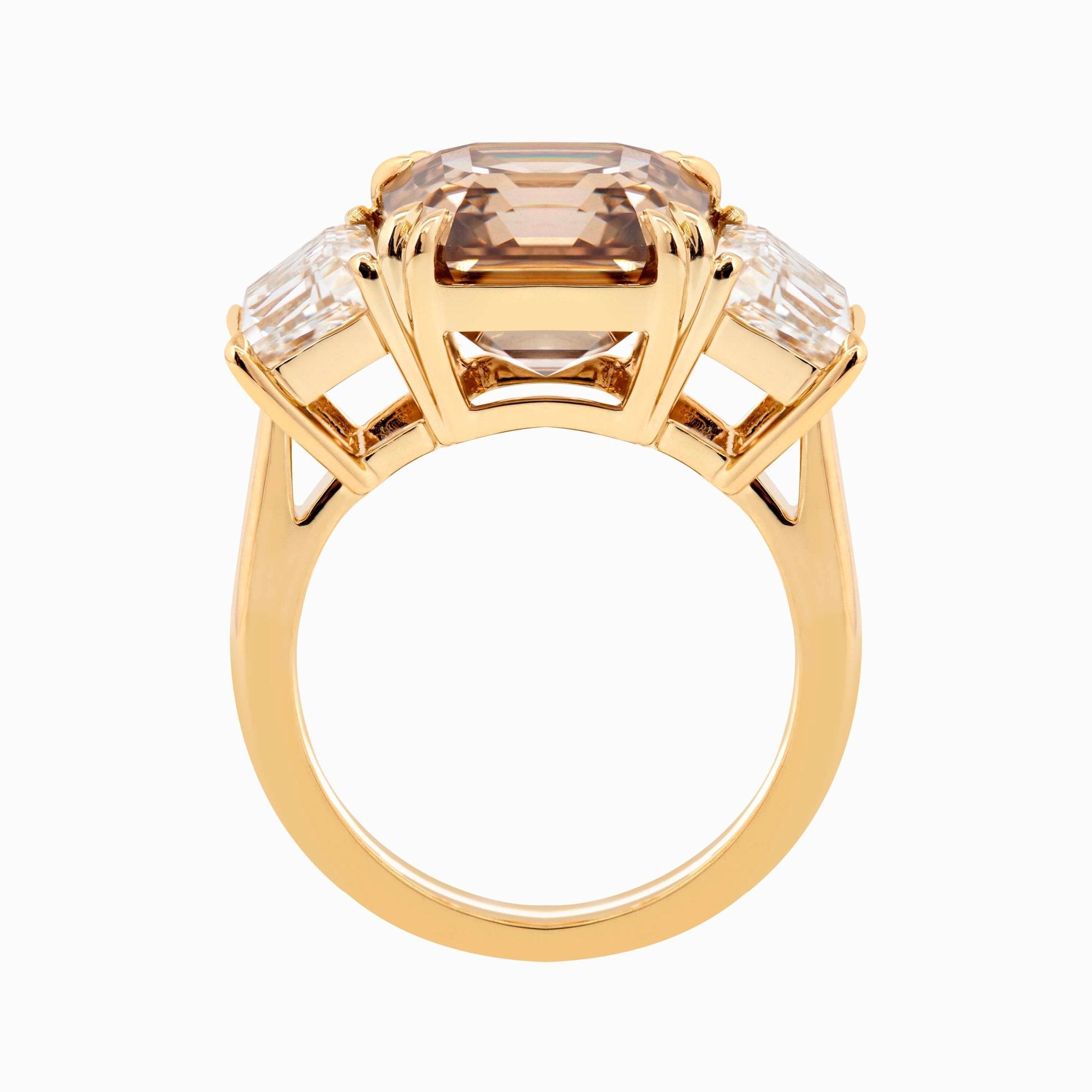 14K Yellow Gold 7.01ct Asscher Cut Brown Lab Diamond Double Claw Prongs Three - stone Ring with Two Trapezoid Step Cut Diamonds - MMR