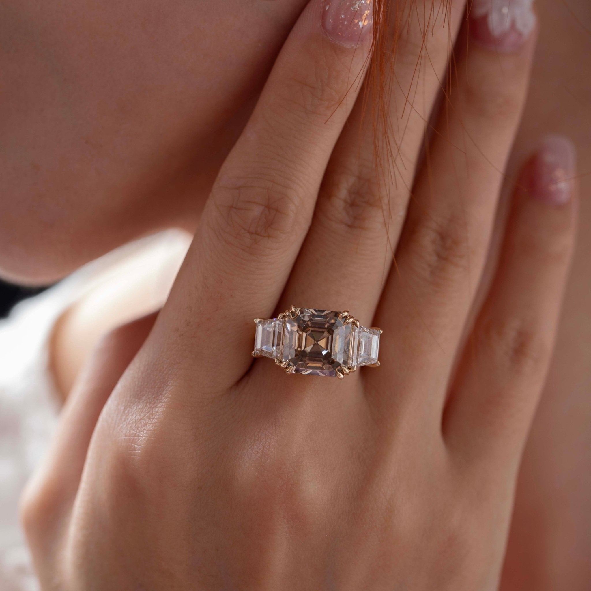 14K Yellow Gold 7.01ct Asscher Cut Brown Lab Diamond Double Claw Prongs Three - stone Ring with Two Trapezoid Step Cut Diamonds - MMR