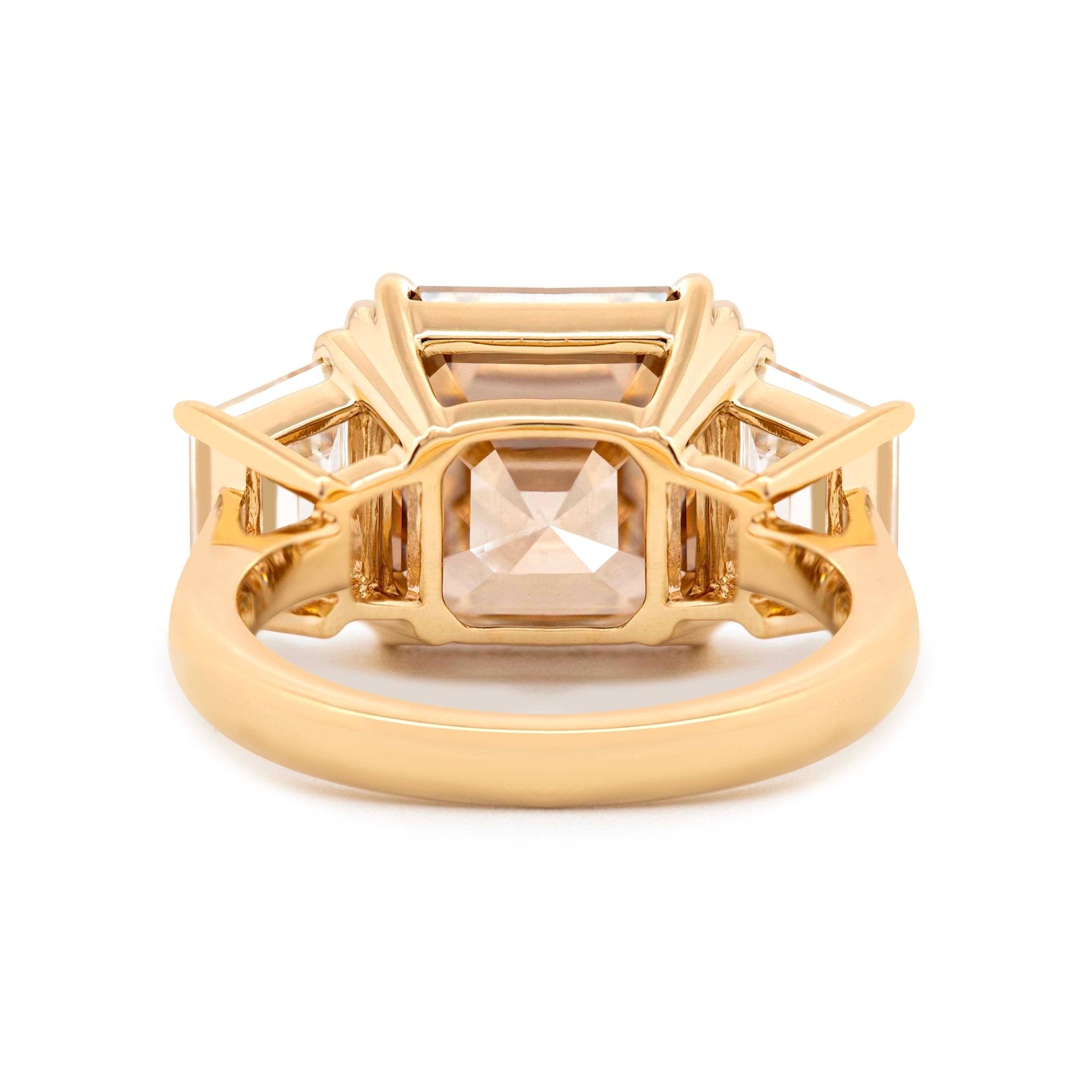 14K Yellow Gold 7.01ct Asscher Cut Brown Lab Diamond Double Claw Prongs Three - stone Ring with Two Trapezoid Step Cut Diamonds - MMR