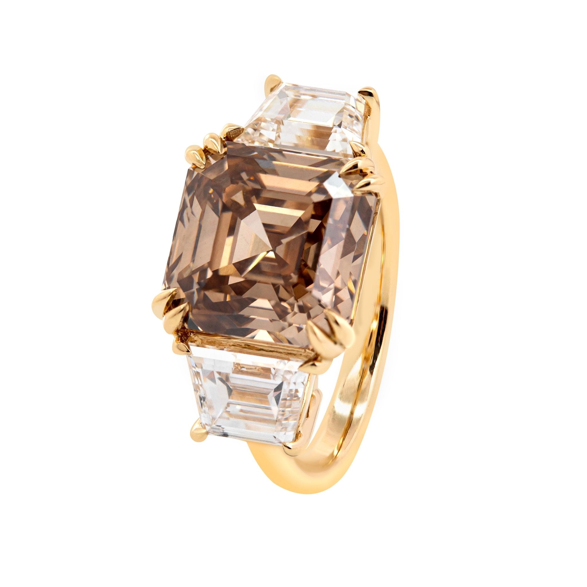14K Yellow Gold 7.01ct Asscher Cut Brown Lab Diamond Double Claw Prongs Three - stone Ring with Two Trapezoid Step Cut Diamonds - MMR