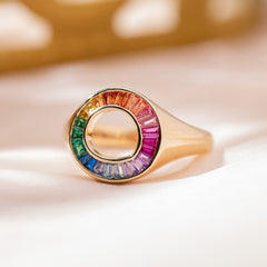 14K Yellow Gold Baguette Cut Rainbow Color Lab Sapphire Channel Setting Sphere Ring - MMR
