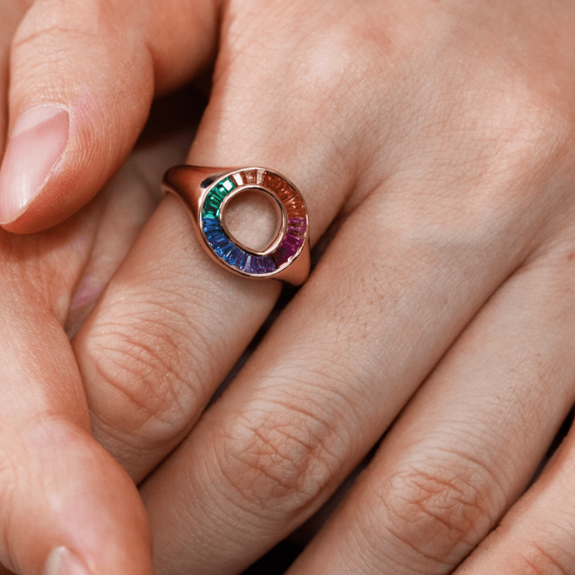 14K Yellow Gold Baguette Cut Rainbow Color Lab Sapphire Channel Setting Sphere Ring - MMR