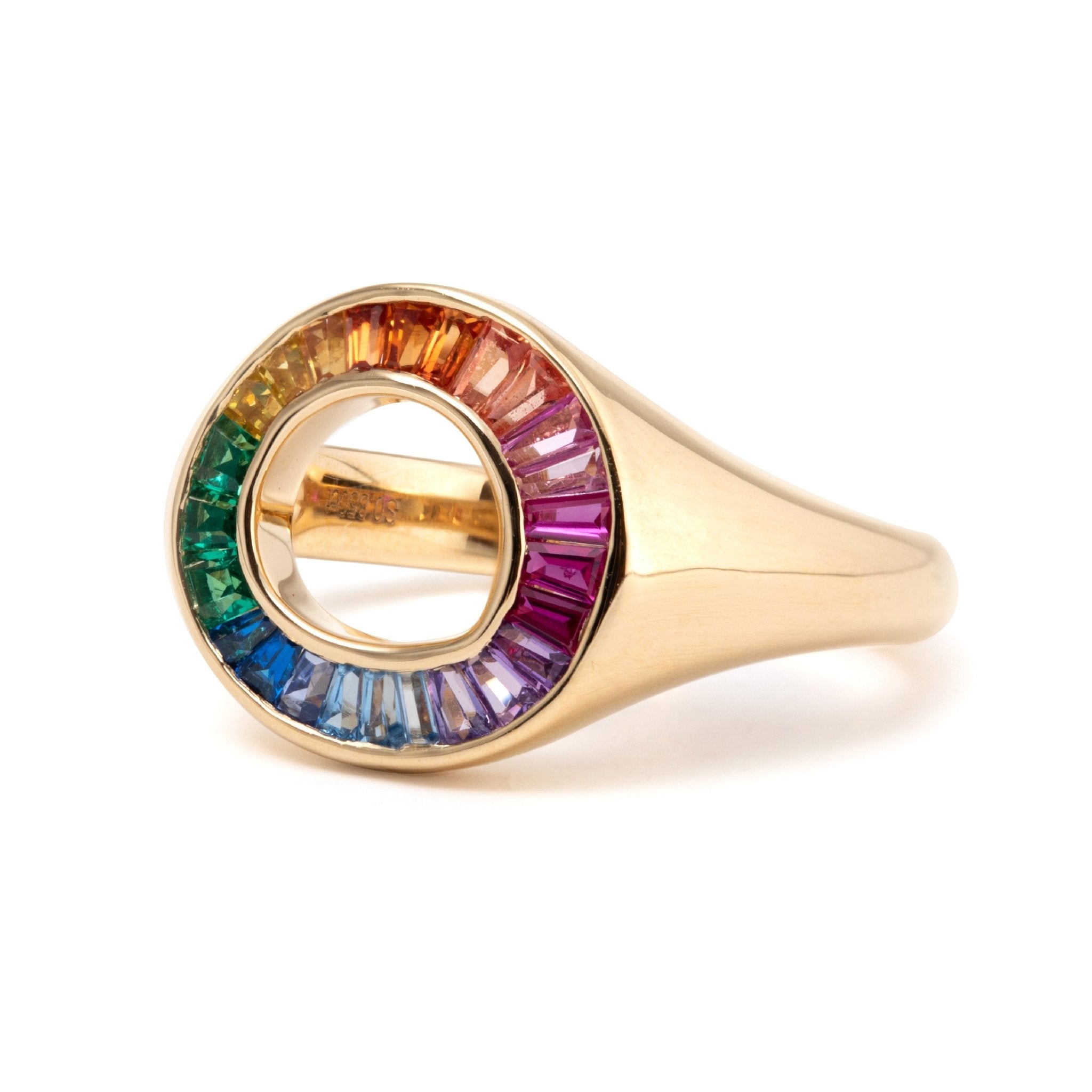 14K Yellow Gold Baguette Cut Rainbow Color Lab Sapphire Channel Setting Sphere Ring - MMR