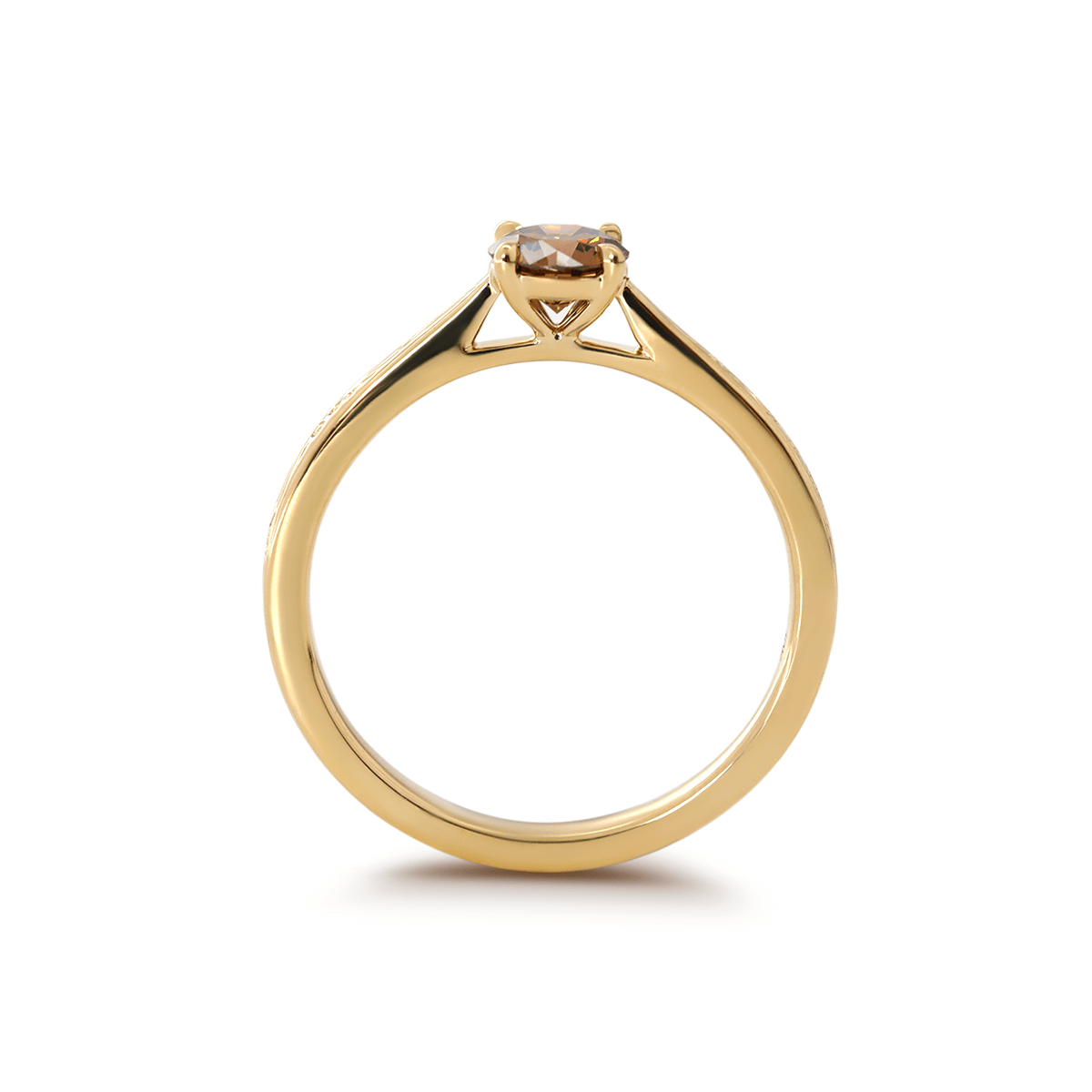 14K Yellow Gold Brown Round Cut Lab Diamond 4 Claw Prong Cathedral Setting Solitaire Ring with Floral Engraving - MMR