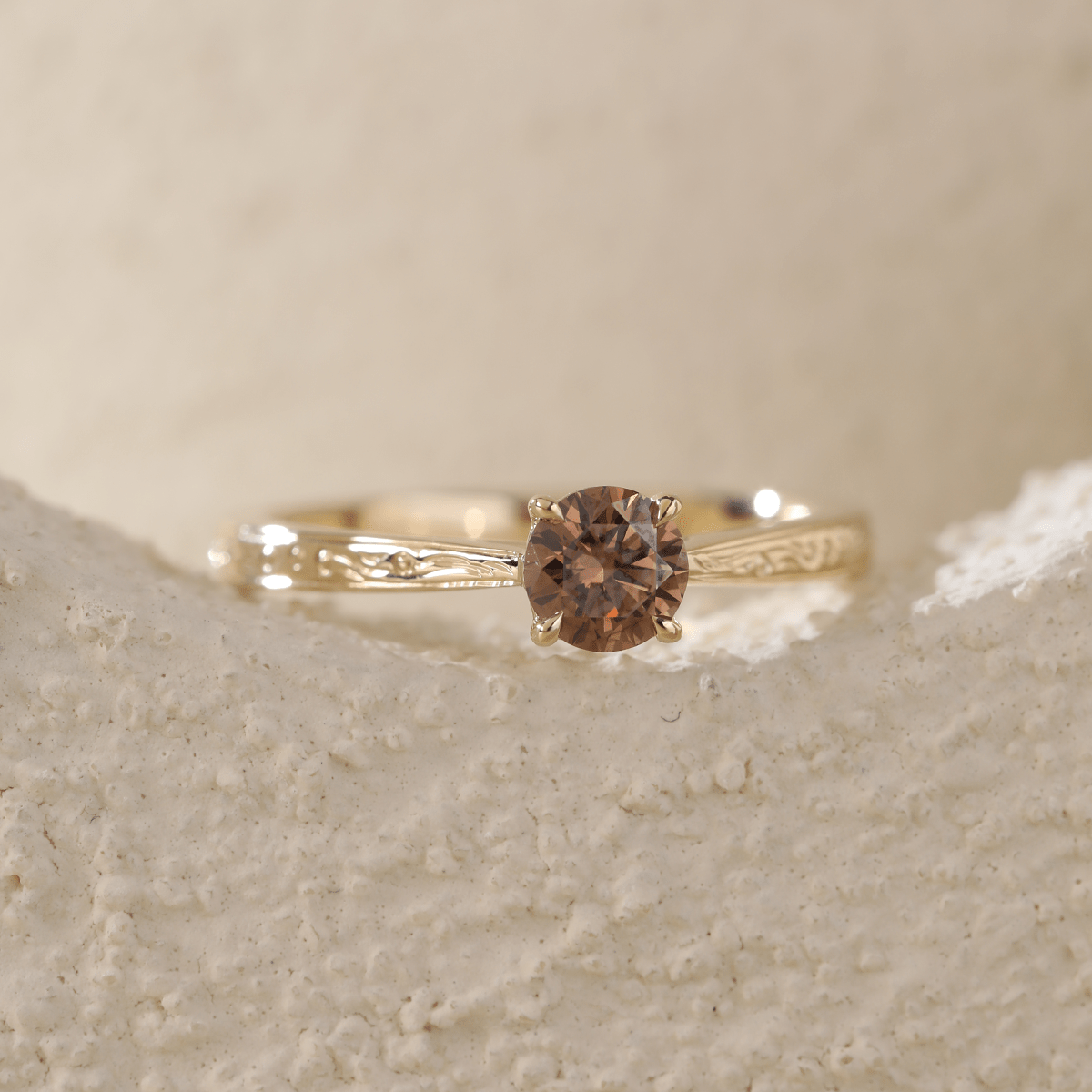 14K Yellow Gold Brown Round Cut Lab Diamond 4 Claw Prong Cathedral Setting Solitaire Ring with Floral Engraving - MMR