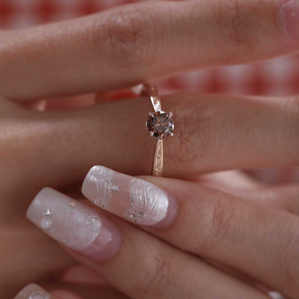 14K Yellow Gold Brown Round Cut Lab Diamond 4 Claw Prong Cathedral Setting Solitaire Ring with Floral Engraving - MMR