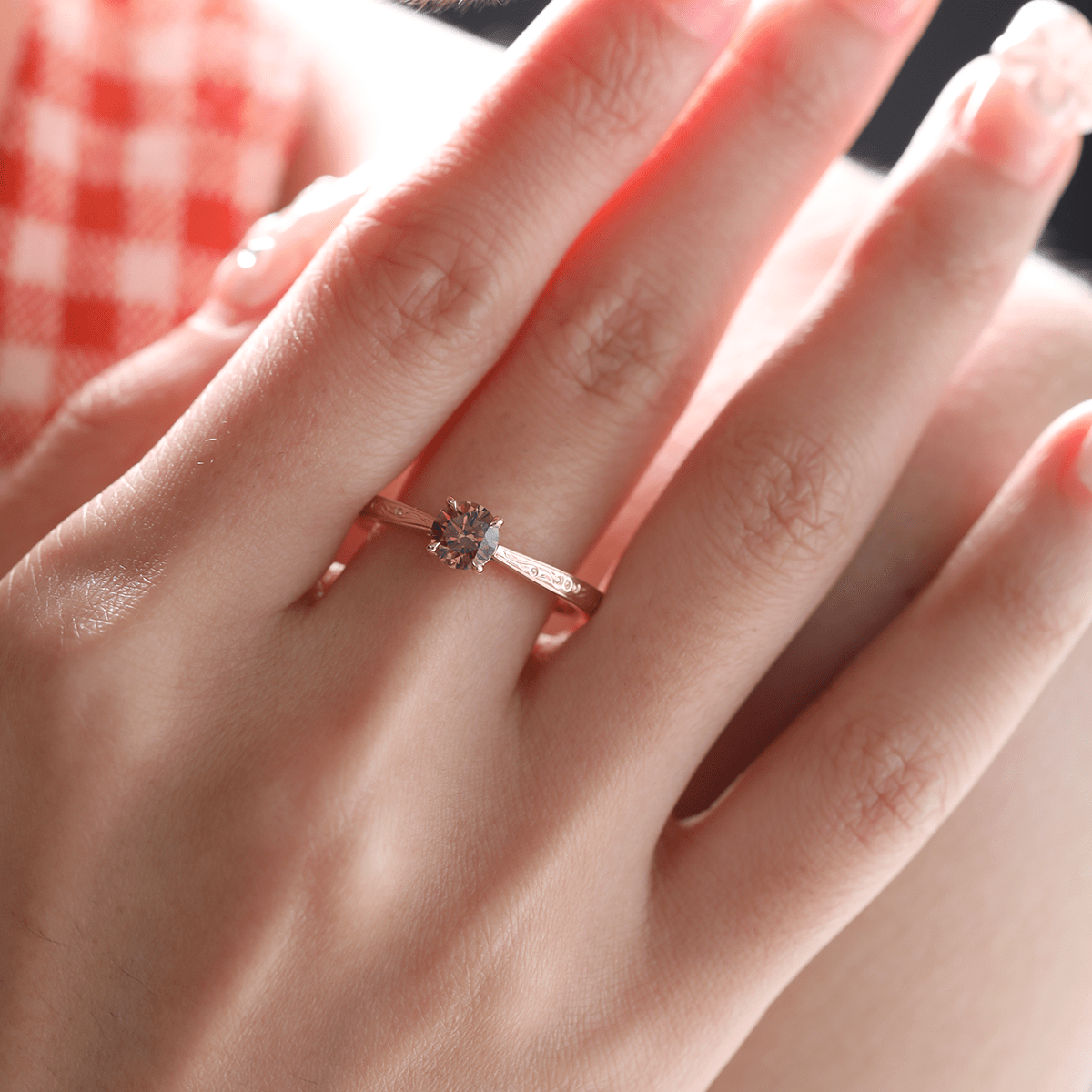 14K Yellow Gold Brown Round Cut Lab Diamond 4 Claw Prong Cathedral Setting Solitaire Ring with Floral Engraving - MMR