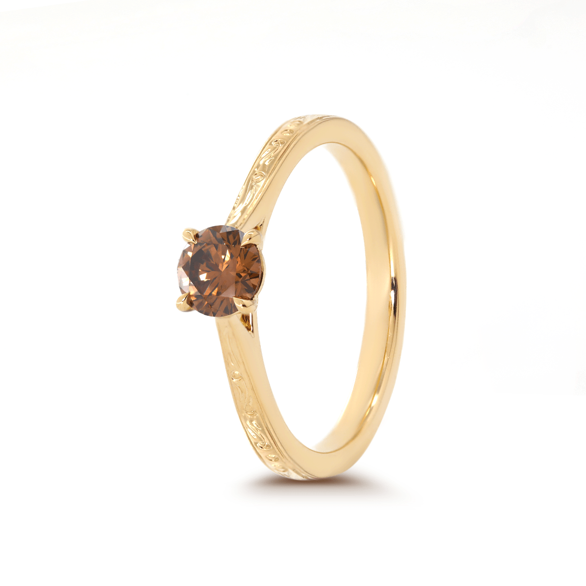 14K Yellow Gold Brown Round Cut Lab Diamond 4 Claw Prong Cathedral Setting Solitaire Ring with Floral Engraving - MMR