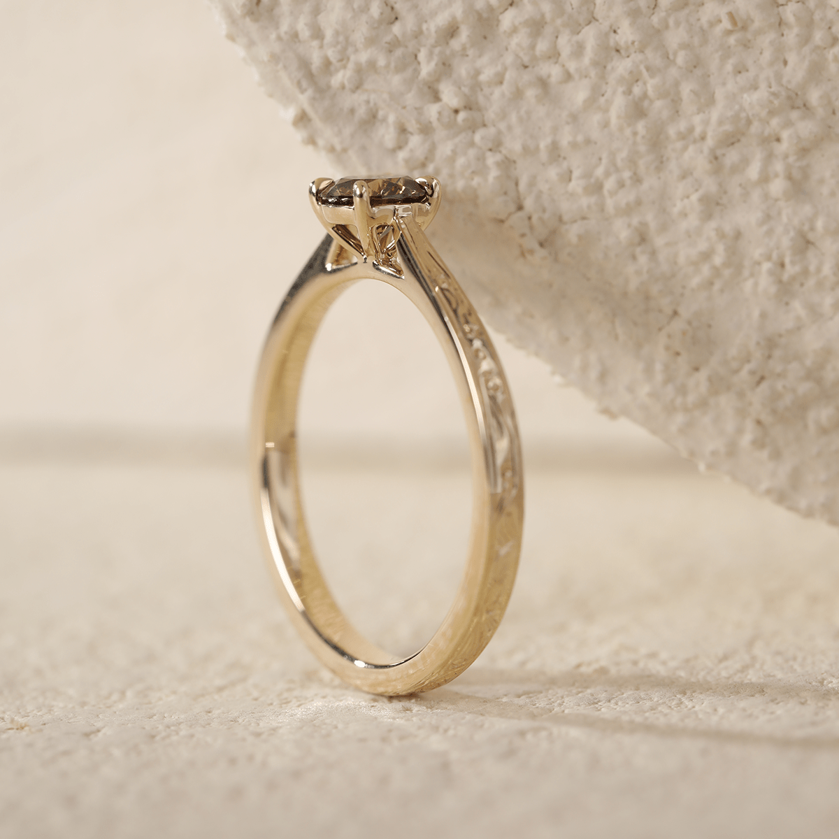 14K Yellow Gold Brown Round Cut Lab Diamond 4 Claw Prong Cathedral Setting Solitaire Ring with Floral Engraving - MMR