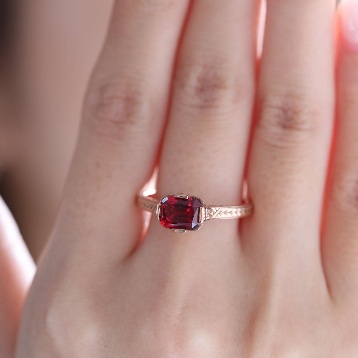 14K Yellow Gold Elongated Cushion Pigeon Blood Lab Ruby Half - Bezel Solitaire Ring - MMR