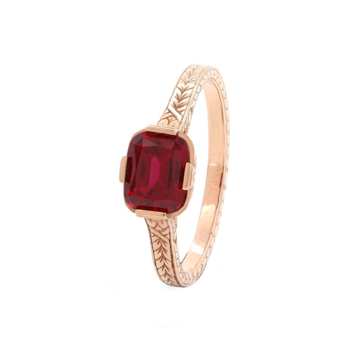 14K Yellow Gold Elongated Cushion Pigeon Blood Lab Ruby Half - Bezel Solitaire Ring - MMR