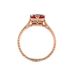 14K Yellow Gold Elongated Cushion Pigeon Blood Lab Ruby Half - Bezel Solitaire Ring - MMR