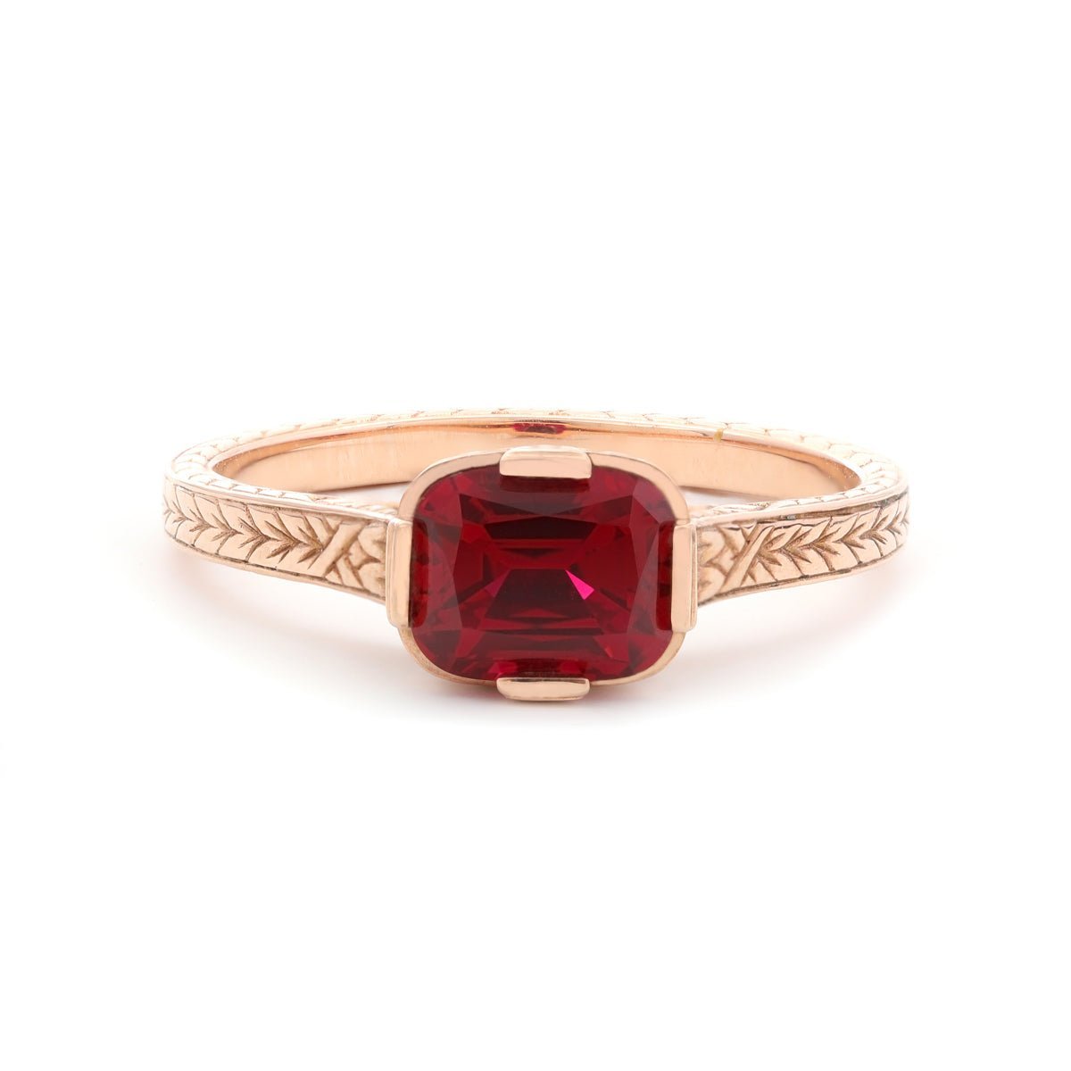 14K Yellow Gold Elongated Cushion Pigeon Blood Lab Ruby Half - Bezel Solitaire Ring - MMR