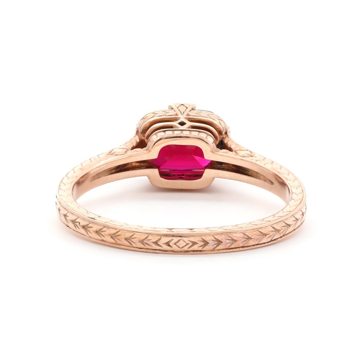 14K Yellow Gold Elongated Cushion Pigeon Blood Lab Ruby Half - Bezel Solitaire Ring - MMR