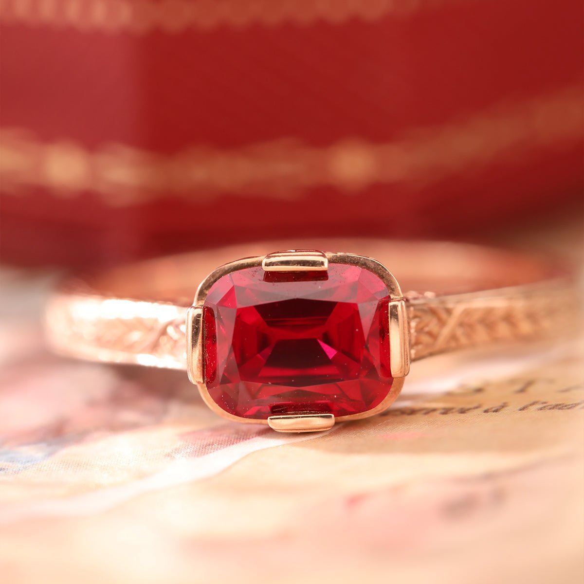 14K Yellow Gold Elongated Cushion Pigeon Blood Lab Ruby Half - Bezel Solitaire Ring - MMR